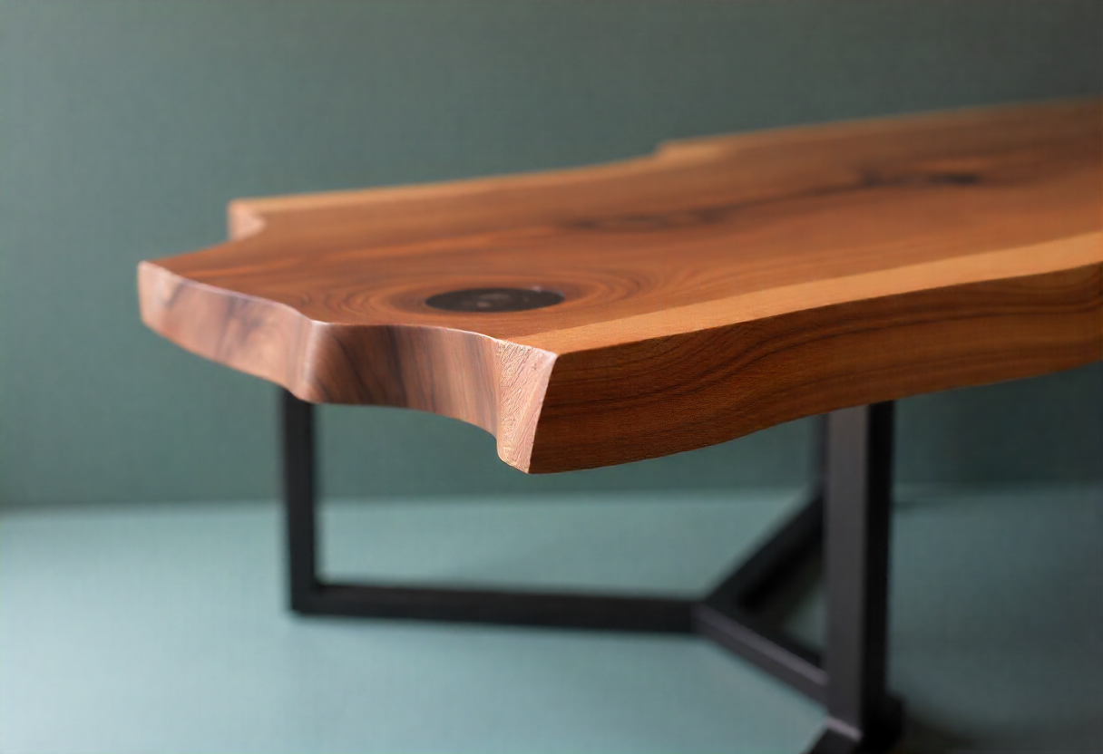 Custom walnut dining table with live edge details and steel base