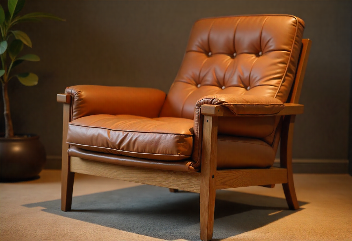 Mid-century modern leather lounge chair with oak frame and ergonomic design